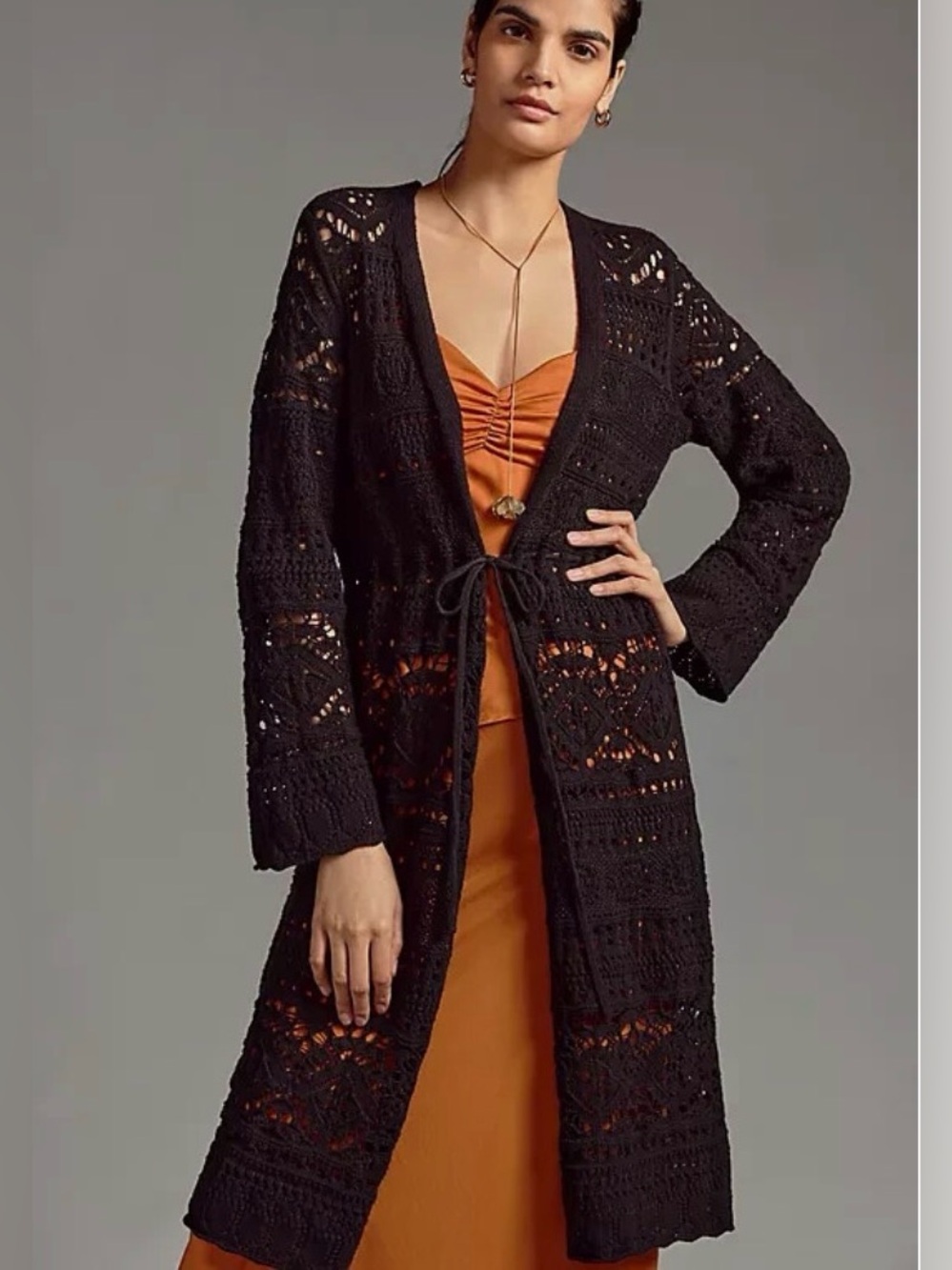 Anthropologie Pointelle Knit Black Long Line Cardigan Sweater XL